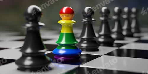 Preview: Rainbow color Chess pawn among black pawns on chessboard, Inclusion diversity and stand out