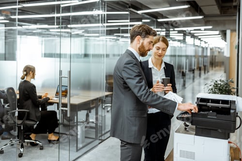 Preview: Business people near the copier in the hallway