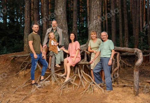 Preview: Big family on a walk in summer: grandmother, grandfather, son, daughter and granddaughter