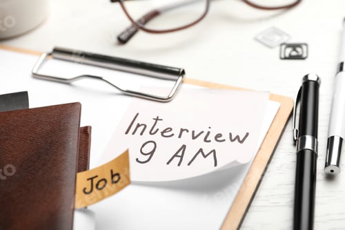 Preview: Clipboard with reminder note about job interview and stationery on table, closeup