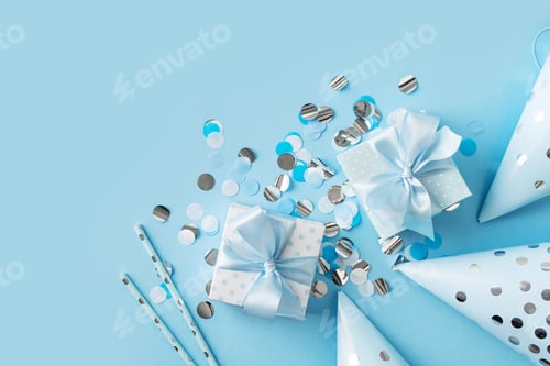 Preview: Blue gift boxes with confetti on blue background