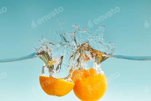 Preview: ripe cut orange falling in water with splashes on blue background