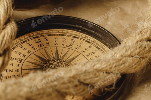Preview: Ship rope and compass on wooden background