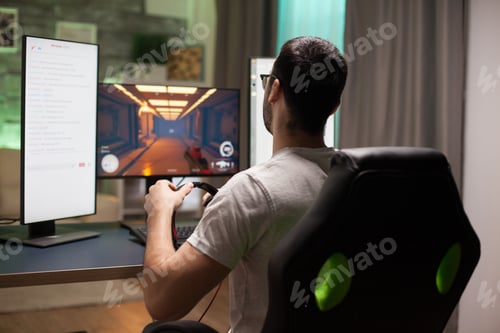 Preview: Man playing shooter games while streaming