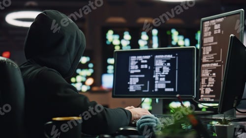 Preview: Anonymous hacker breaking cybersecurity dark room closeup. Cybercriminal reading
