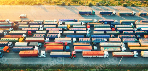 Preview: Aerial view of colorful trucks in terminal at sunrise in summer