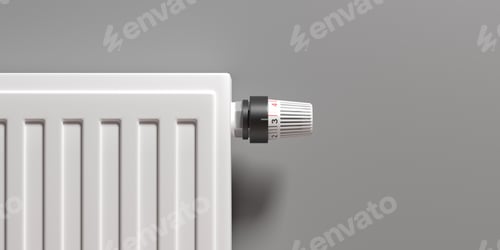 Preview: Radiator with thermostat, grey wall background. 3d illustration