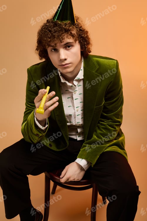 Preview: Curly teenage boy styles green velvet blazer with playful charm in studio setting