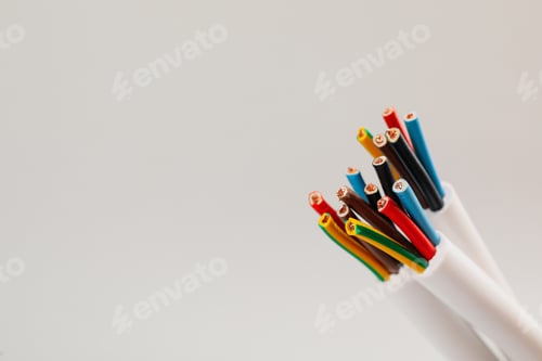 Preview: Cables with wires on light background, closeup. Space for text