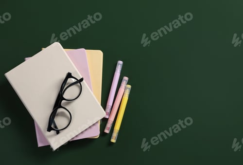Visualização: Feliz dia do professor. Caderno, papelaria e óculos em fundo verde, de formato plano. Espaço para texto