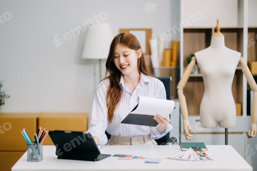 Preview: Fashion designer woman talking smart phone and using laptop with digital tablet computer