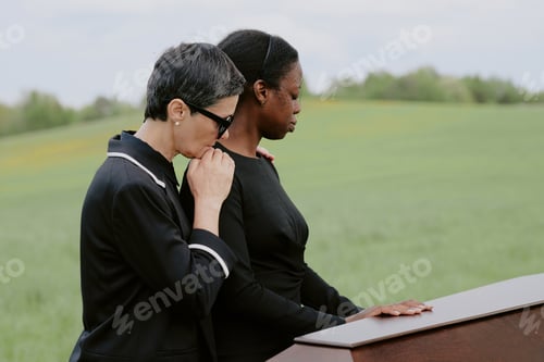 Preview: Middle Aged Caucasian Woman Comforting Young Adult Black Woman Mourning