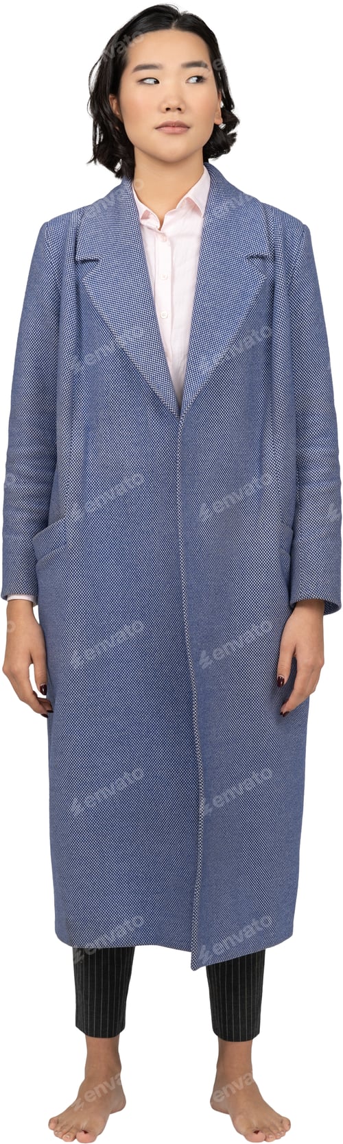 Preview: a model in a blue coat and a white shirt and black pants