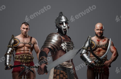 Preview: Three ancient gladiators with light armors and swords