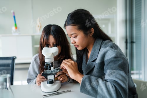 Preview: Young asian schoolgirls learning in chemistry classroom.