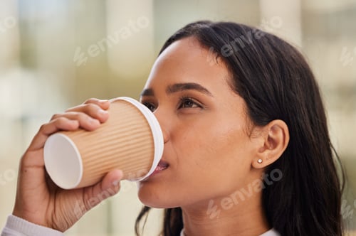 Preview: Woman, coffee and drinking with a vision for morning plan, routine or start for the day in the city