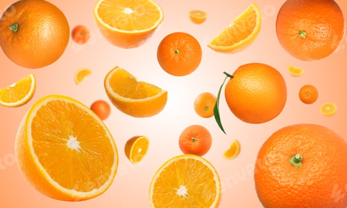 Preview: Fresh oranges swirling in air against coral background. Citrus fruit