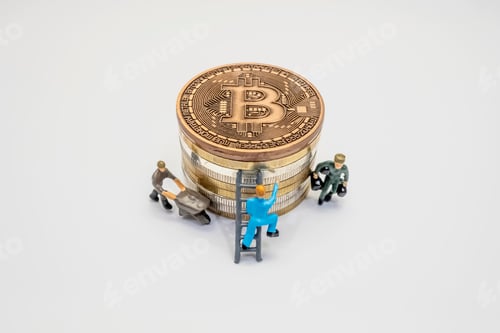 Preview: bitcoin coin and miniature workers