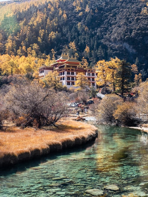 Preview: Chonggu Temple with pine forest and emerald river in autumn