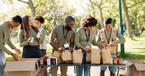 Preview: Happy people, volunteer and packing with bags for charity, food and community service at outdoor pa