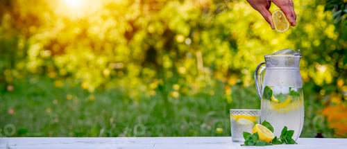 Preview: Glass of lemonade with lemons and fresh mint, on a light background in the garden.