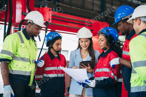 Preview: Engineers and foreman inspecting and meeting about the automated arms machine welding robots.