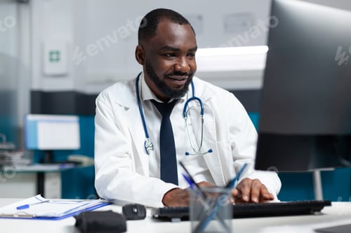 Preview: African american therapist doctor in uniform analyzing sickness expertise