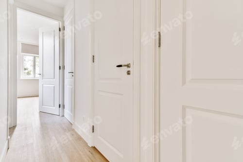 Preview: Long bright corridor with many doors