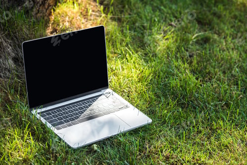 Preview: close up view of laptop with blank screen on grass outdoors