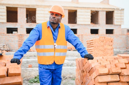 Preview: An African American construction worker, in work clothes and a hard hat, is building a brick house