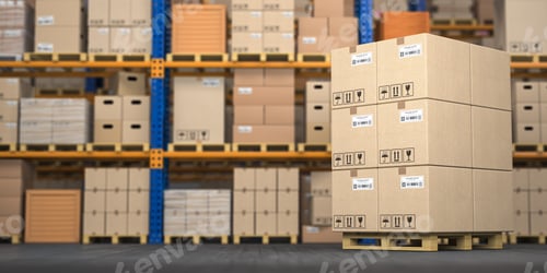 Preview: Warehouse or storage with cardboard boxes on a pallet. Logistics and mail delivery concept.