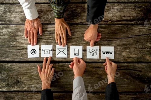 Preview: Six people placing white cards with various contact icons in a row