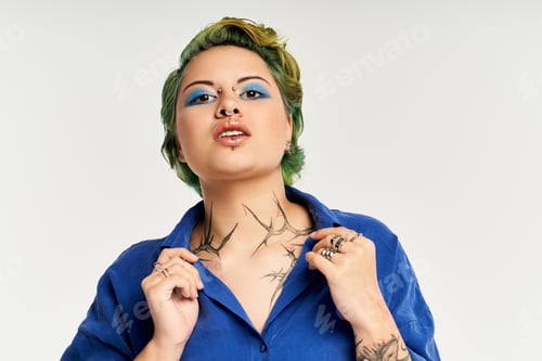 Preview: Vibrant young woman confidently showcasing her trendy fashion and striking makeup