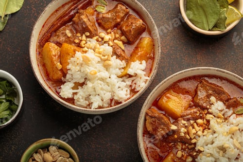 Preview: Two bowls of massaman curry with beef, potatoes, rice, and peanuts served in bowls top view