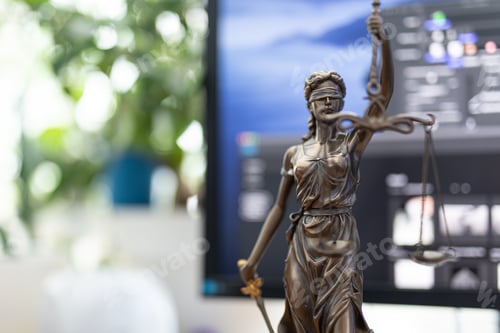 Preview: Bronze statue of a woman with scales as the symbol of law and justice with bokeh lights