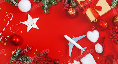 Preview: Christmas background with airplane, travel. Selective focus.