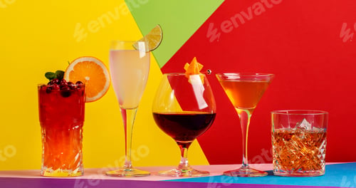 Preview: Summer alcoholic cocktails in glasses with rum, gin, prosecco and liquors. Modern style still life