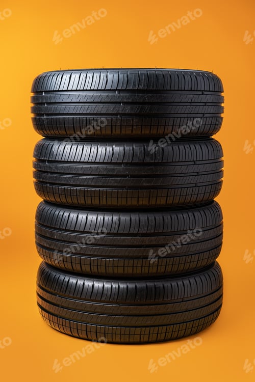 Preview: Car tires isolated on yellow background, close up