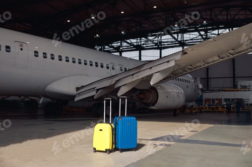 Preview: Two colorful suitcases of air stewardesses in empty airport hangar on a sunny day