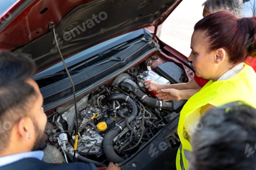 Preview: Mechanic woman explaining car engine problem to businessman