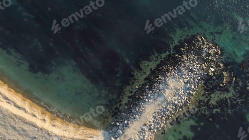 Preview: Aerial view of the ship washed ashore. Shot. Top view of an abandoned old and rusty shipwreck on a