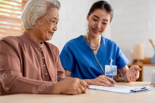 Preview: Asian young caregiver nurse examine senior woman patient at home.