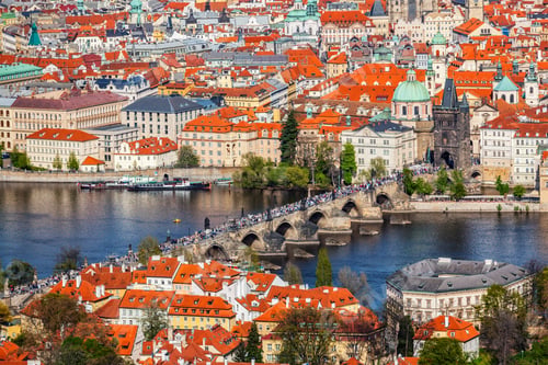 Preview: View of Charles Bridge over Vltava river and Old city from Petri