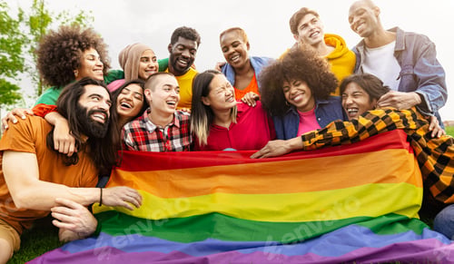 Preview: Happy diverse young friends celebrating gay pride day - LGBTQ community concept