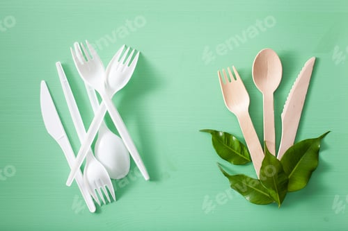 Preview: harmful plastic cutlery and eco friendly wooden cutlery. plastic free concept