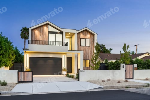 Aperçu: Modern house with wooden facade at sunset