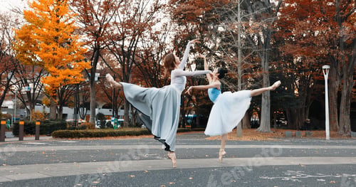 Preview: Ballet, dancing and women in autumn on the street in Japan park with pointe shoes and creative pose