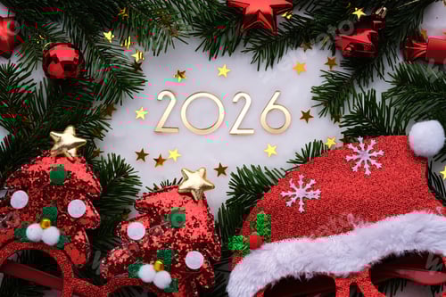 Visualização: Fundo abstrato dos atributos do Natal com o ano número 2026.