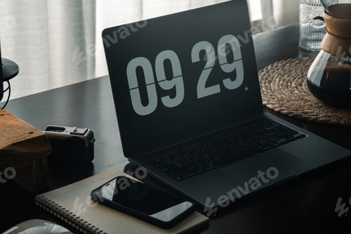 Preview: Home computer desk and digital clock on screen