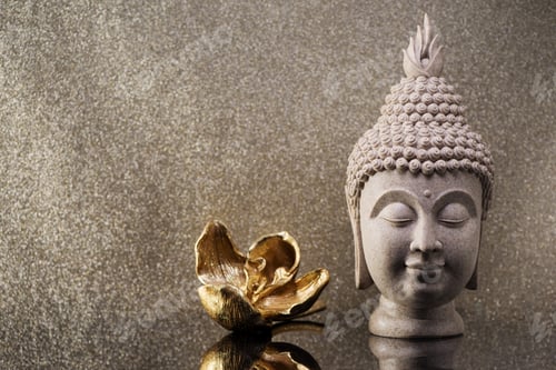 Preview: Buddha head statue and golden orchid flower. Zen Meditation Background